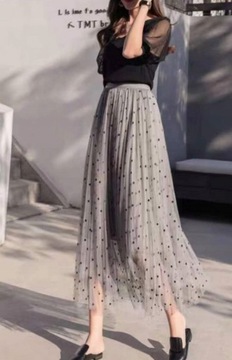 Юбка полудлинная из тюля из шифона в горошек, КОФЕ