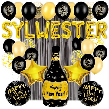 Zestaw Balony Sylwester Nowy Rok Szampan Happy New Year Dekoracja