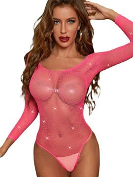 Seksowne siatkowe body z cyrkonią długi rękaw bodystocking różowy