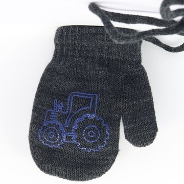 6-12 mies Z PUSZKIEM Rękawiczki z 1 palcem SZNUREK 10 cm GRAFIT 116 traktor