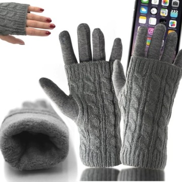 RĘKAWICZKI WEŁNIANE CIEPŁE DAMSKIE DOTYKOWE TELEFONU OCIEPLANE ZIMOWE 2w1