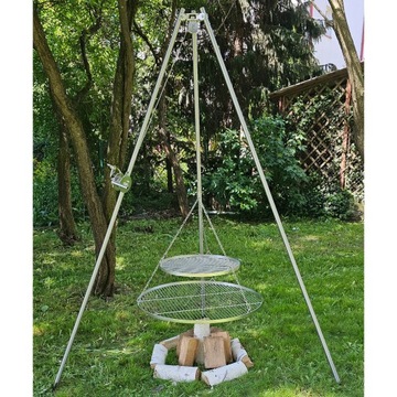 Grill nierdzewny trójnóg 250cm + 2 ruszty 80 i 50cm + kołowrotek zestaw LUX