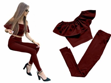 BORDOWY KOMPLET BLUZKA TOP z FALBANKA+ SPODNIE LEGGINSY na GUMCE XS/S