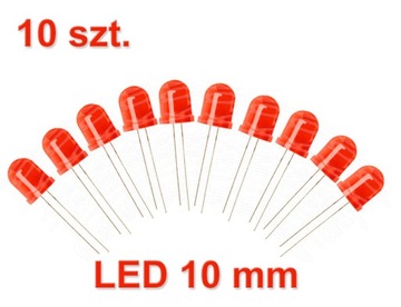 Komplet: 10 szt. 10mm Dioda Czerwona Matowa, 10x LED Red Diffused, Arduino