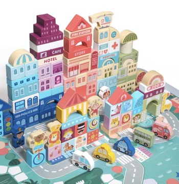 Drewniane Klocki Miasto Auta 100 Klocków Puzzle