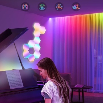 10x ШЕСТИГРАННАЯ RGB ИГРОВАЯ НАСТЕННАЯ ЛАМПА МОДУЛЬНАЯ СИНХРОНИЗАЦИЯ МУЗЫКИ