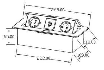 ХОРОШО Выдвижная розетка на столешницу 2x USB 2x 230В ЦИНК + АЛЮМИНИЙ