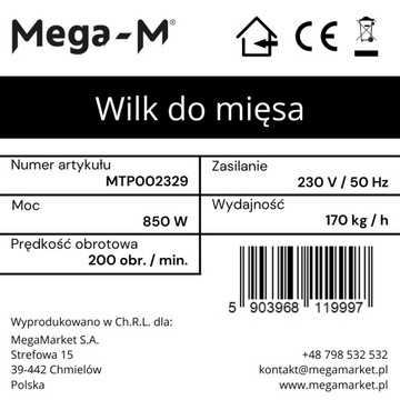 WILK Maszynka do Mielenia Mięsa wydajność 170kg/h 850W stal nierdzewna
