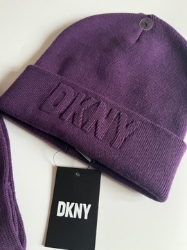 DKNY CZAPKA + RĘKAWICZKI ZIMA ORYGINAŁ fioletowe ZESTAW