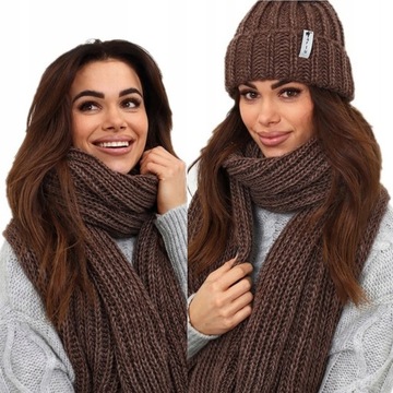 KOMPLET DAMSKI CZAPKA BEANIE SZALIK DŁUGI ZESTAW CIEPŁY ZIMOWY WEŁNA KOLORY