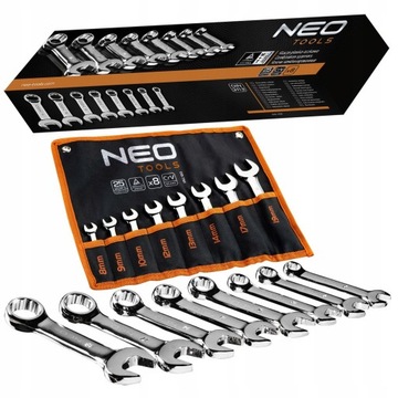 НАБОР НАКИДНЫХ КЛЮЧЕЙ NEO 8-19 ММ, КОРОТКИЕ, 8 ШТ. + ФОРМАТ-ПЛАСТИНА