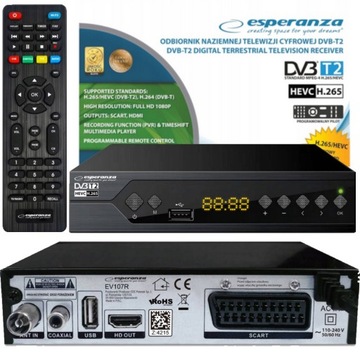 TUNER DEKODER DVB-T2 TV NAZIEMNEJ H.265 HEVC FULL HD USB HDMI PILOT EV107R