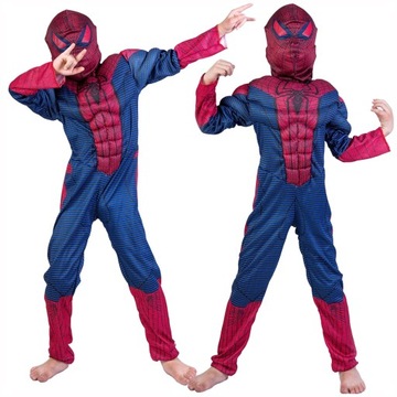 STRÓJ SPIDERMAN KARNAWAŁOWY DLA CHŁOPCA PRZEBRANIE MIĘŚNIE MASKA 122 / 128