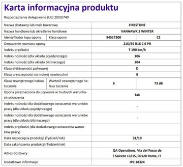 1x ШИНА 215/65R16C FIRESTONE VANHAWK 2 2022 г.