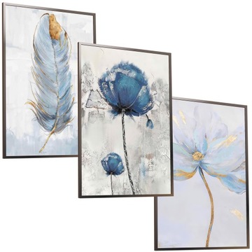 30x40 ZESTAW OBRAZY W RAMIE PLAKATY RAMKA NIEBIESKI KWIAT PIÓRA NATURA BOHO