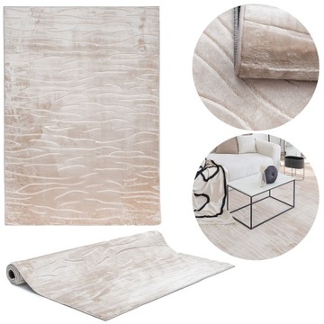 DYWAN GLAMOUR DO SALONU BEŻOWY MIĘKKI CIEPŁY POŁYSK WZÓR 3D 160x220CM