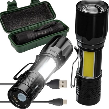 LATARKA TAKTYCZNA LED AKUMULATOROWA WOJSKOWA ZOOM Q5 Z REFLEKTOR COB 2w1