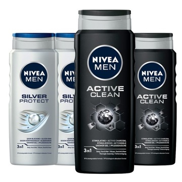 Żel pod prysznic NIVEA MEN Active Clean i Silver Protect 4 x 500 ml