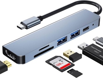 HUB USB-C 6w1 HDMI 4K Czytnik Kart SD/TF USB2.0 USB3.0 USB-C PD 87W