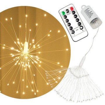 LED LAMPKI CHOINKOWE ZEWNĘTRZNE ŚWIĄTECZNE FAJERWERKI BIAŁA CIEPŁA PILOT