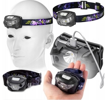 LATARKA CZOŁOWA CZOŁÓWKA AKU LAMPA LED 5 TRYBÓW + KABEL USB