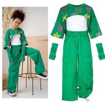 modny dres komplet zielony dla dziewczynki 4cz spodnie spadochronowe 152