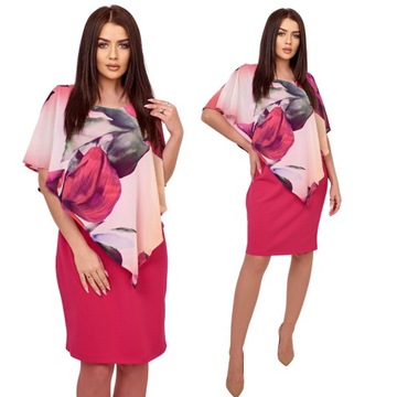ELEGANCKA sukienka WIZYTOWA midi KWIATY fuksja 4XL