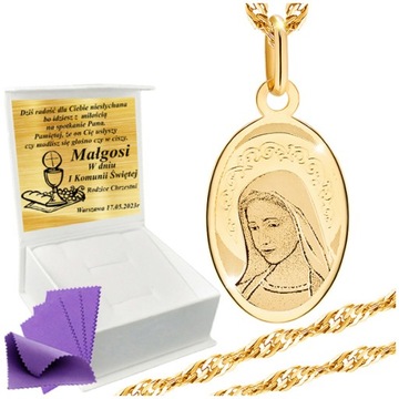 Złoty Łańcuszek z Medalikiem 585 Na Komunię Chrzest GRAWER+UPOMINEK GRATIS