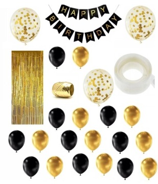 Zestaw CZARNY ZŁOTY balony HAPPY BIRTHDAY urodziny