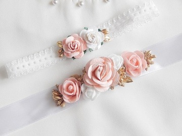 Kwiatowy zestaw do Chrztu OPASKA i PASEK do sukienki