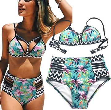STRÓJ KĄPIELOWY BIKINI KWIATY WYSOKI STAN MAJTEK STRAPSY / XL