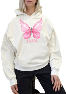 S203 ECRU HOODIE OVERSIZE RÓŻ MOTYL XL/XXL