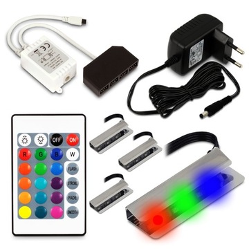 PEŁNY ZESTAW 4PKT KLIPS LED RGB DO PÓŁKI SZKLANEJ