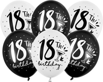 BALONY CZARNE BIAŁE DUŻE 30cm HAPPY BIRTHDAY 18 URODZINY OSIEMNASTKA 6szt