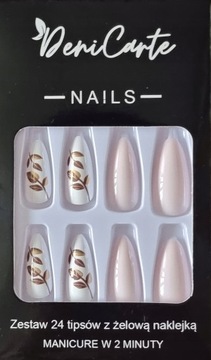 PAZNOKCIE SZTUCZNE TIPSY MIGDAŁ RÓŻ ZŁOTY LIŚĆ JESIEŃ SAMOPRZYLEPNE 24SZT