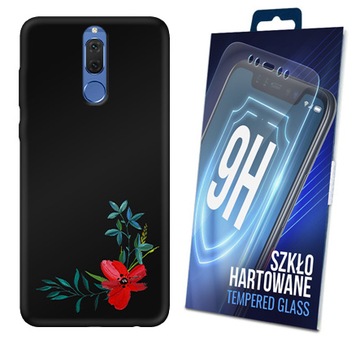 Etui matowe do HUAWEI MATE 10 LITE czarny case kwiat plecki + szybka 9H