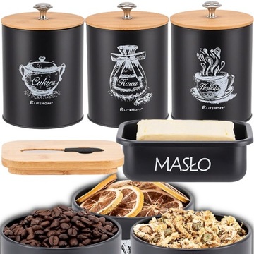ЧЕРНЫЙ НАБОР ИЗ 3 КОНТЕЙНЕРОВ КОФЕ ЧАЙ САХАР + СТАЛЬНАЯ МАСЛЕНКА НОЖ
