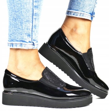 DAMSKIE MOKASYNY BUTY NA KOTURNIE CZARNE WYGODNE