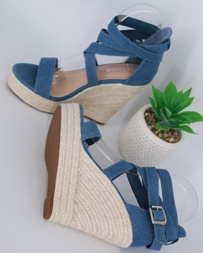 SANDAŁY NA KOTURNIE ESPADRYLE DAMSKIE ZAMSZOWE BUTY LETNIE BLUE JEANS 38