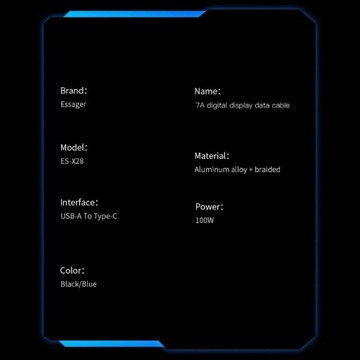 Кабель для быстрой зарядки, 2 м — USB-USB-C в оплетке — Essager 100 Вт со светодиодом