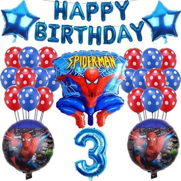Dekoracja Urodzinowa Balony 3 Urodziny Motyw Spiderman Niebiesko-Czerwony