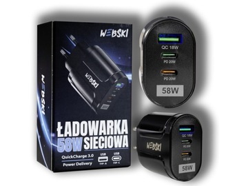 SZYBKA ŁADOWARKA SIECIOWA 3XUSB 58W 2xUSB-C PD 20W +USB QuickCharge 3.0 18W