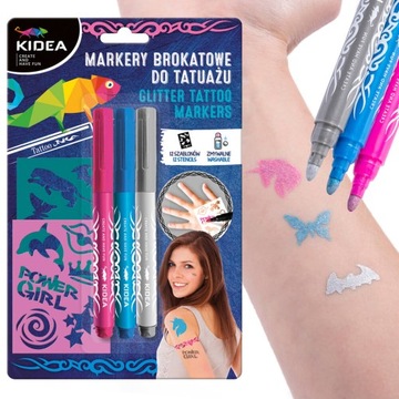 Markery brokatowe do tatuażu + szablony Kidea