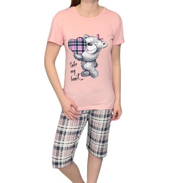 Женская розовая пижама с короткими рукавами, брюки в клетку 3/4, мишка S