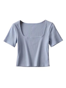 Women Square Neck Rib Crop T-shirt Short Sleeve Cr