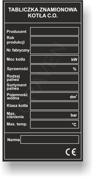 Tabliczka znamionowa na grzewczy, piec, C.O.+ GRAWER TRWAŁY