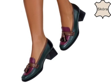 MOKASYNY PÓŁBUTY DAMSKIE SKÓRZANE Z CHWOSTAMI NA OBCASIE KLOCKU NEW r 41