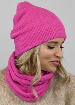 Modny Komplet z Alpaki CZAPKA KOMIN Fuksja AL2