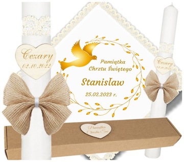 Świeca na chrzest szatka do chrztu pudełko styl BOHO gromnica grawer MPL