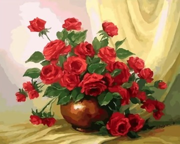Czerwone Róże w wazonie Malowanie po numerach obraz w ramie płótno 50x40cm